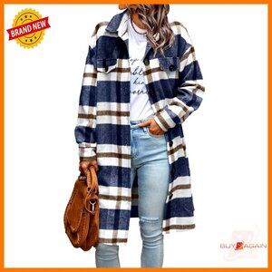 Oversized Plaid Shacket Wool Blend Button Down Chic Fall Winter Coats